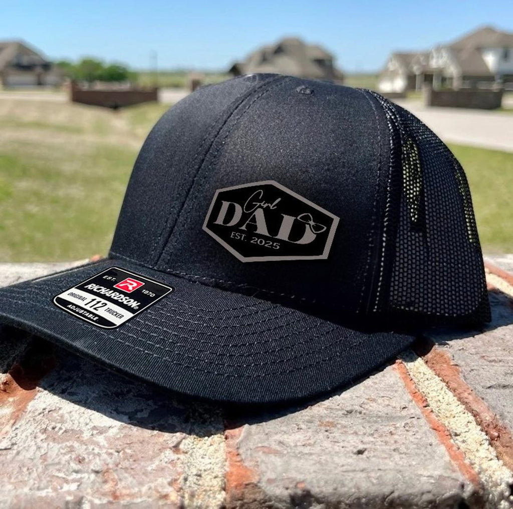 Girl Dad Leather Patch Hat, New Dad Gift, First Father’s Day Hat, Custom Trucker Hat, Baby Girl Announcement Gift – Est. Year Cap