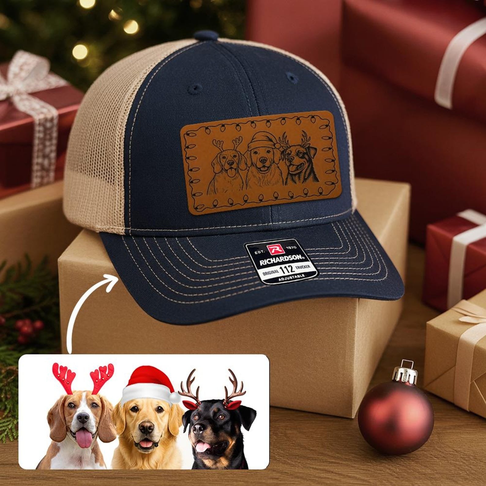Custom Photo Dog Face Trucker Hat Richardson 112, Beanie Cap with Holiday Design – Pet Lover Christmas Gift