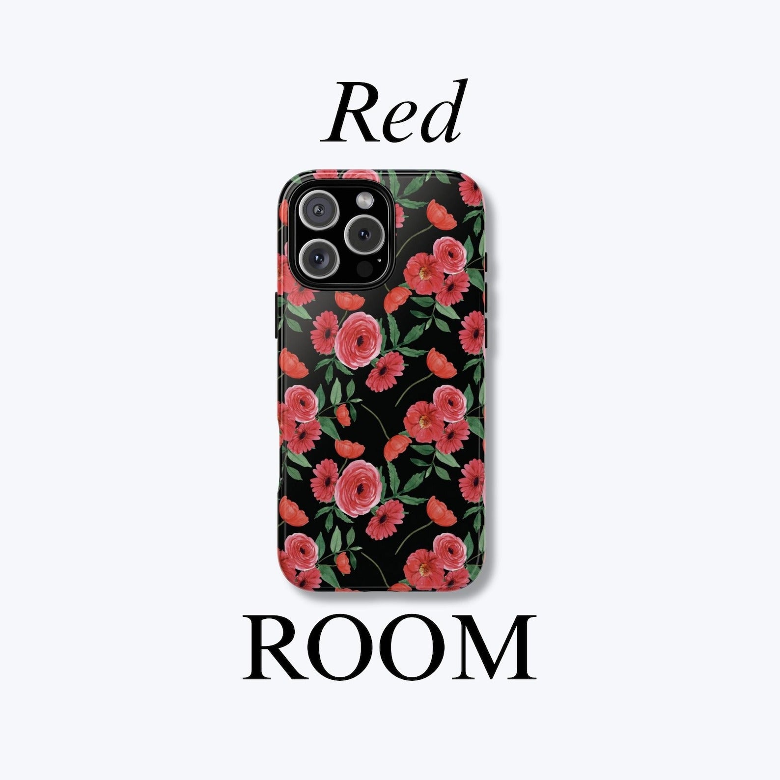 Red Room: Black Floral Phone Case, Glossy Red Flower Design iPhone Case, Roses and Poppies Phone Cover, Double Layered Case