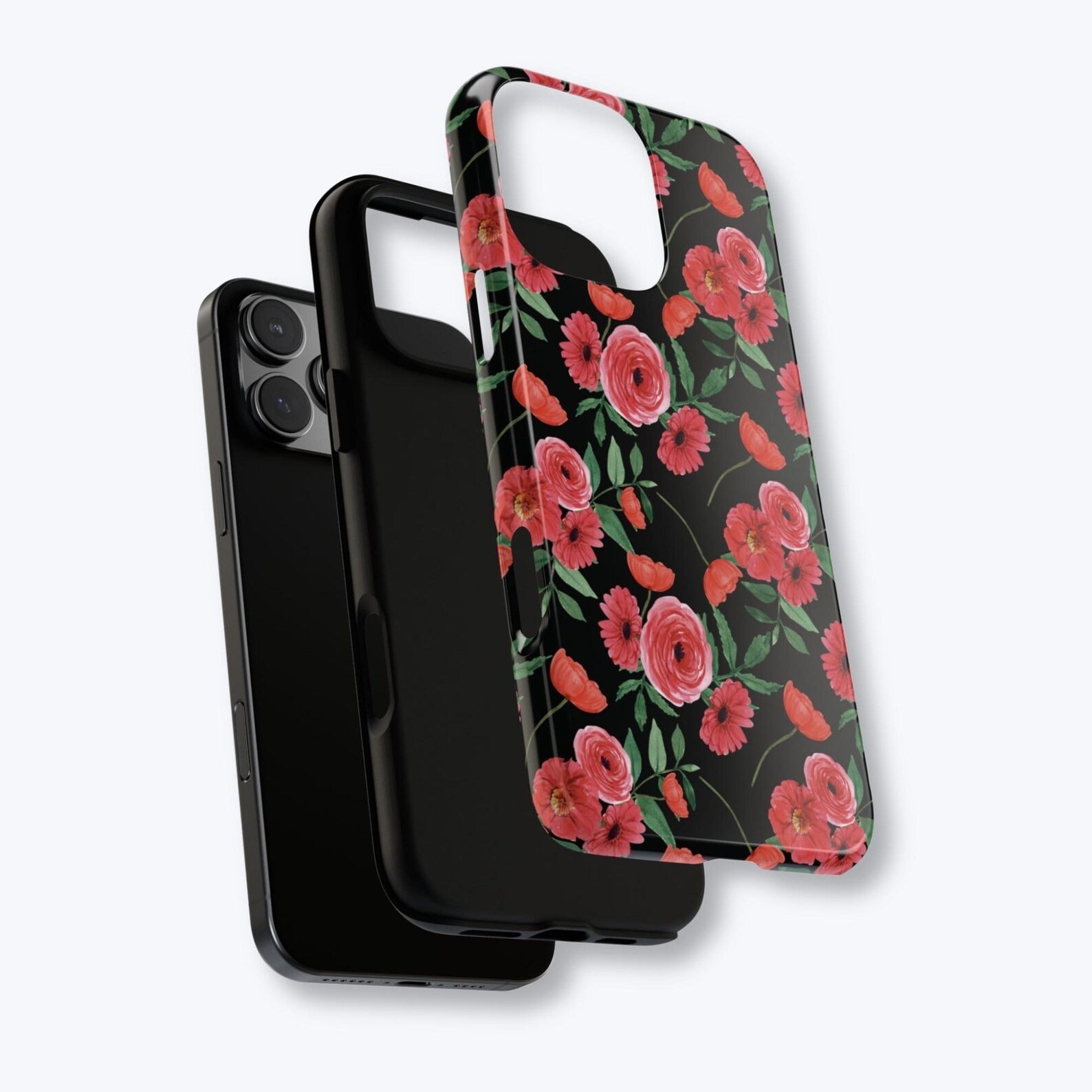 Red Room: Black Floral Phone Case, Glossy Red Flower Design iPhone Case, Roses and Poppies Phone Cover, Double Layered Case