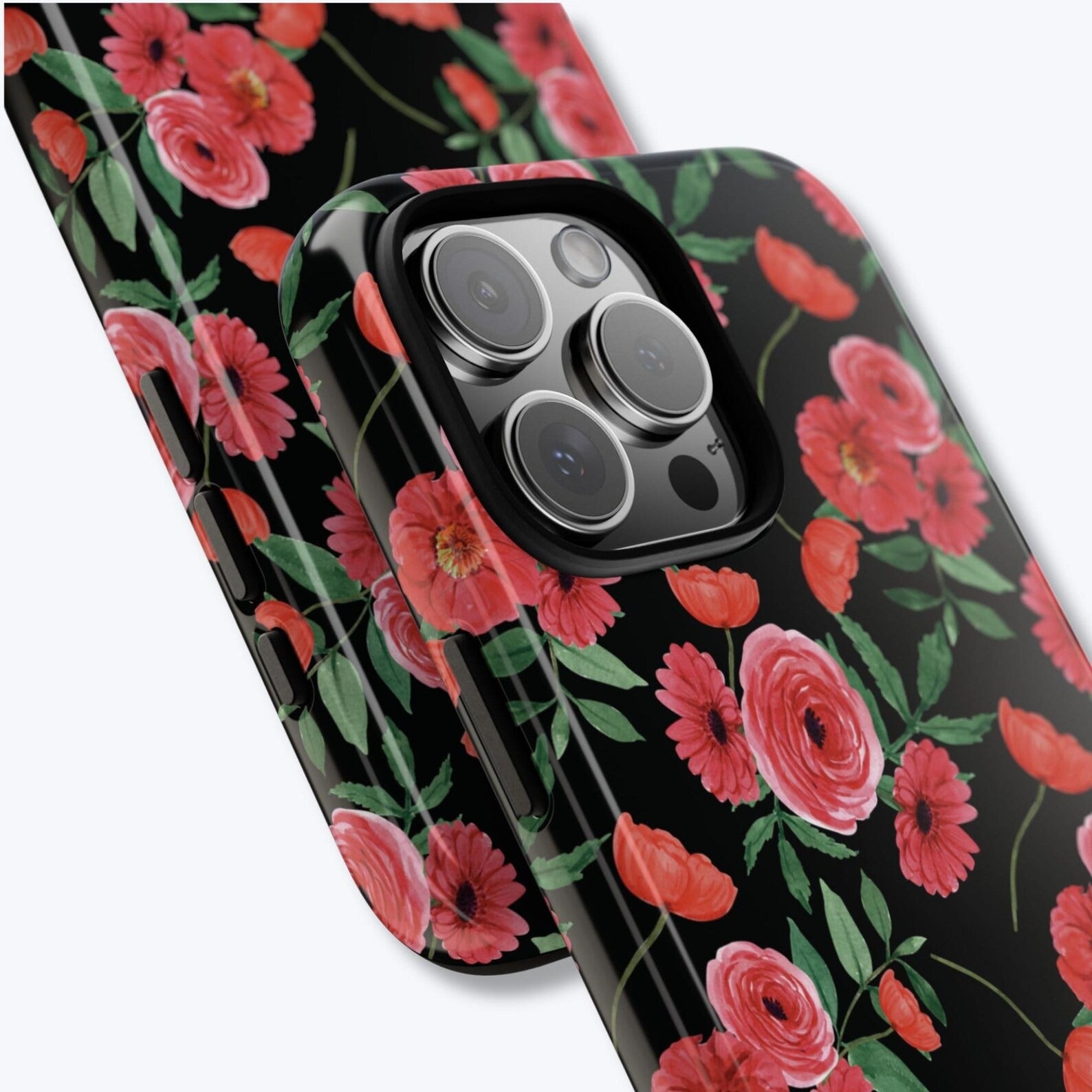 Red Room: Black Floral Phone Case, Glossy Red Flower Design iPhone Case, Roses and Poppies Phone Cover, Double Layered Case