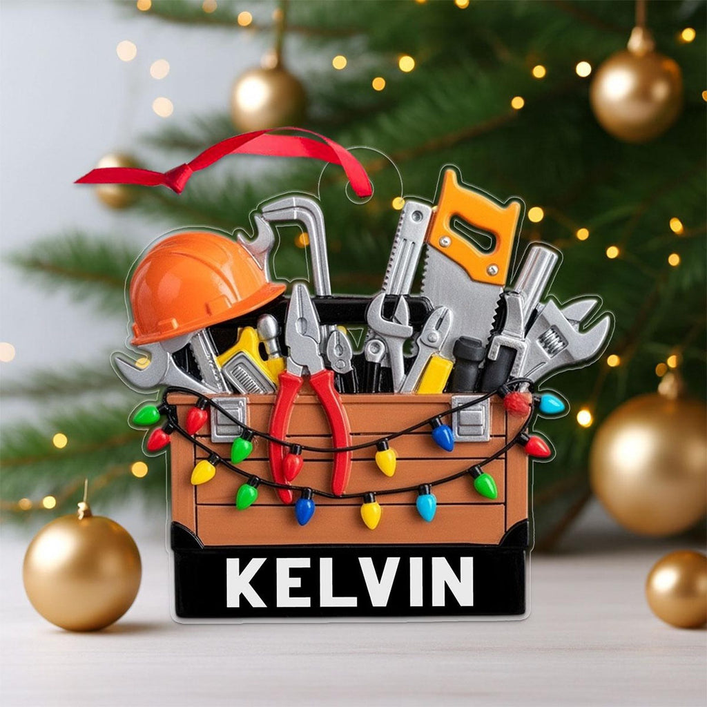 Custom Name Construction Worker Christmas Ornament - Personalized Mechanic Tools Gift, Lighted Builder Decoration, Handyman Holiday Keepsake