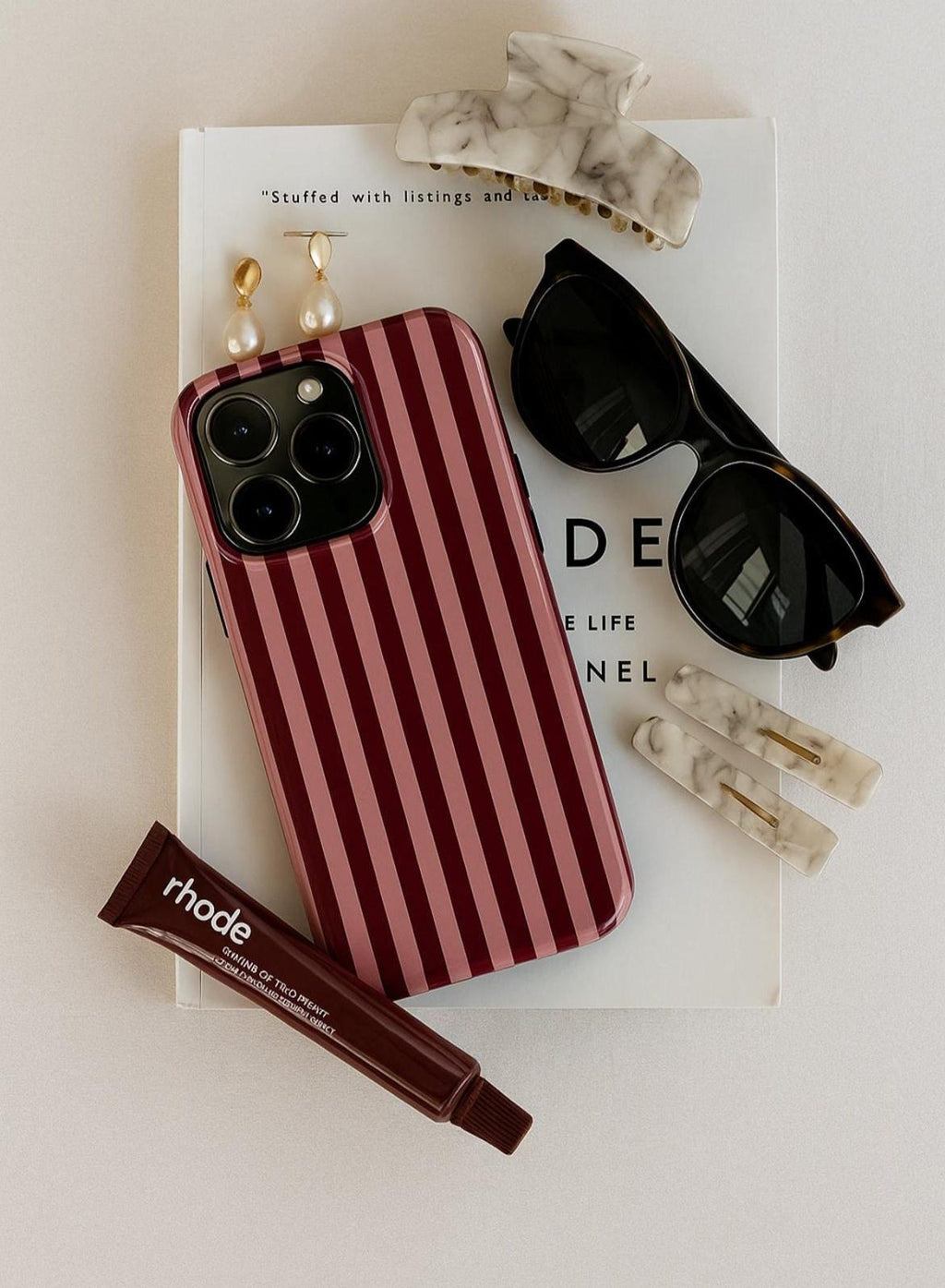 Burgundy & Pink Stripe iPhone Case – Glossy Slim or Tough Cover
